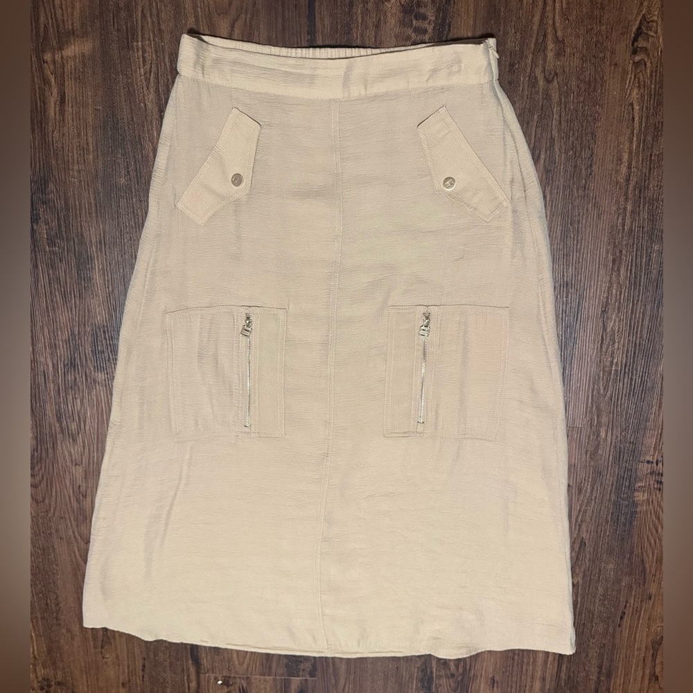 DKNY Sandalwood Camel Drapey Organza Midi Skirt Zip Cargo Pockets Size Small
